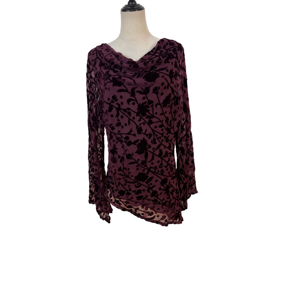 Velvet Burnout Blouse Top Size L Purple Cowl Neck Floral flare sleeve Whimsigoth